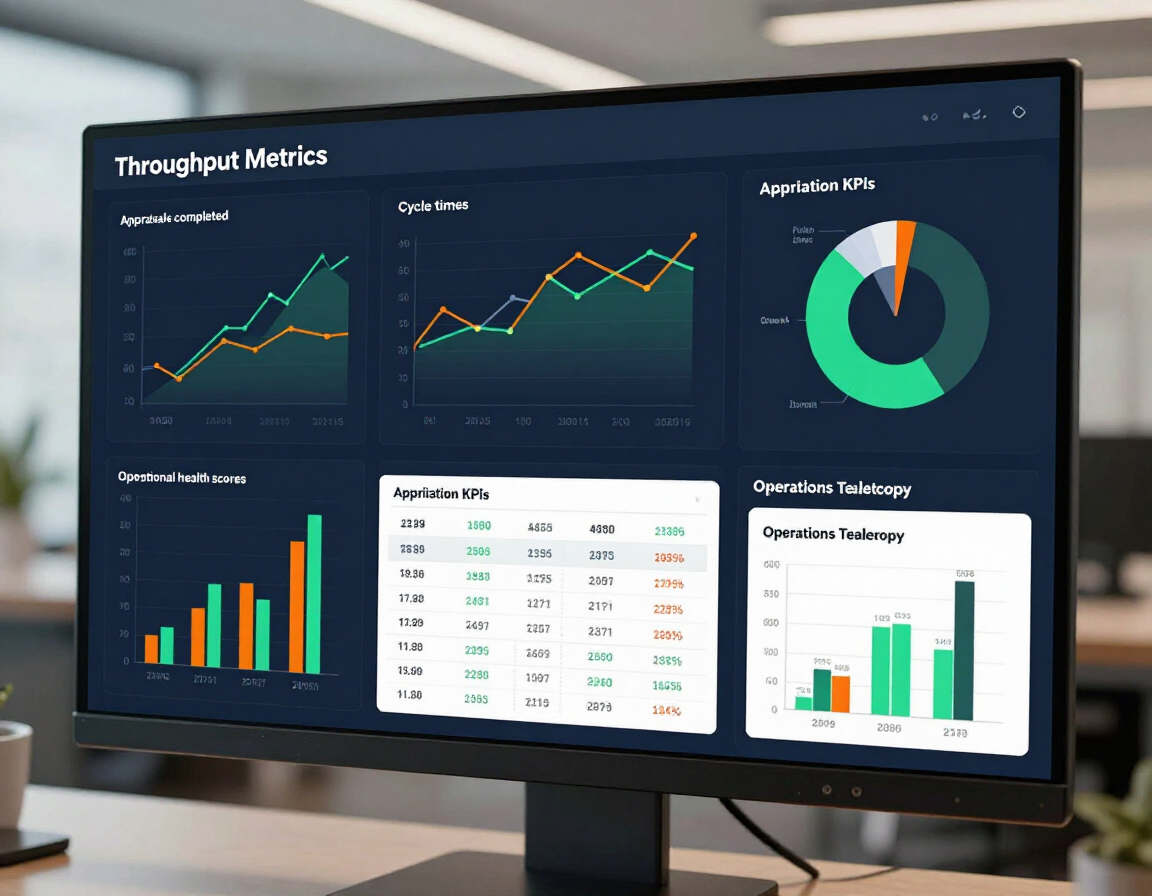 Benchmarking dashboard tracking appraisal throughput and turnaround metrics