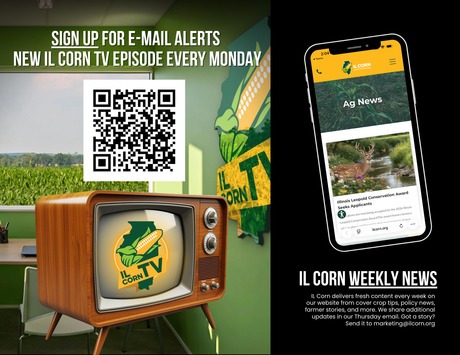 an ad for IL Corn TV and showing that IL Corn has weekly news on our website