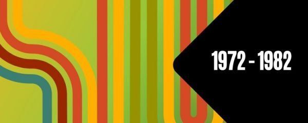 A colorful striped background with the year 1972-1982