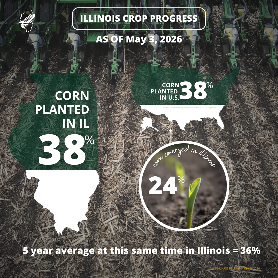 Illinois crop progress graphic: corn planted in Illinois at 38% as of May 3, 2026, with 5-year average 36%.