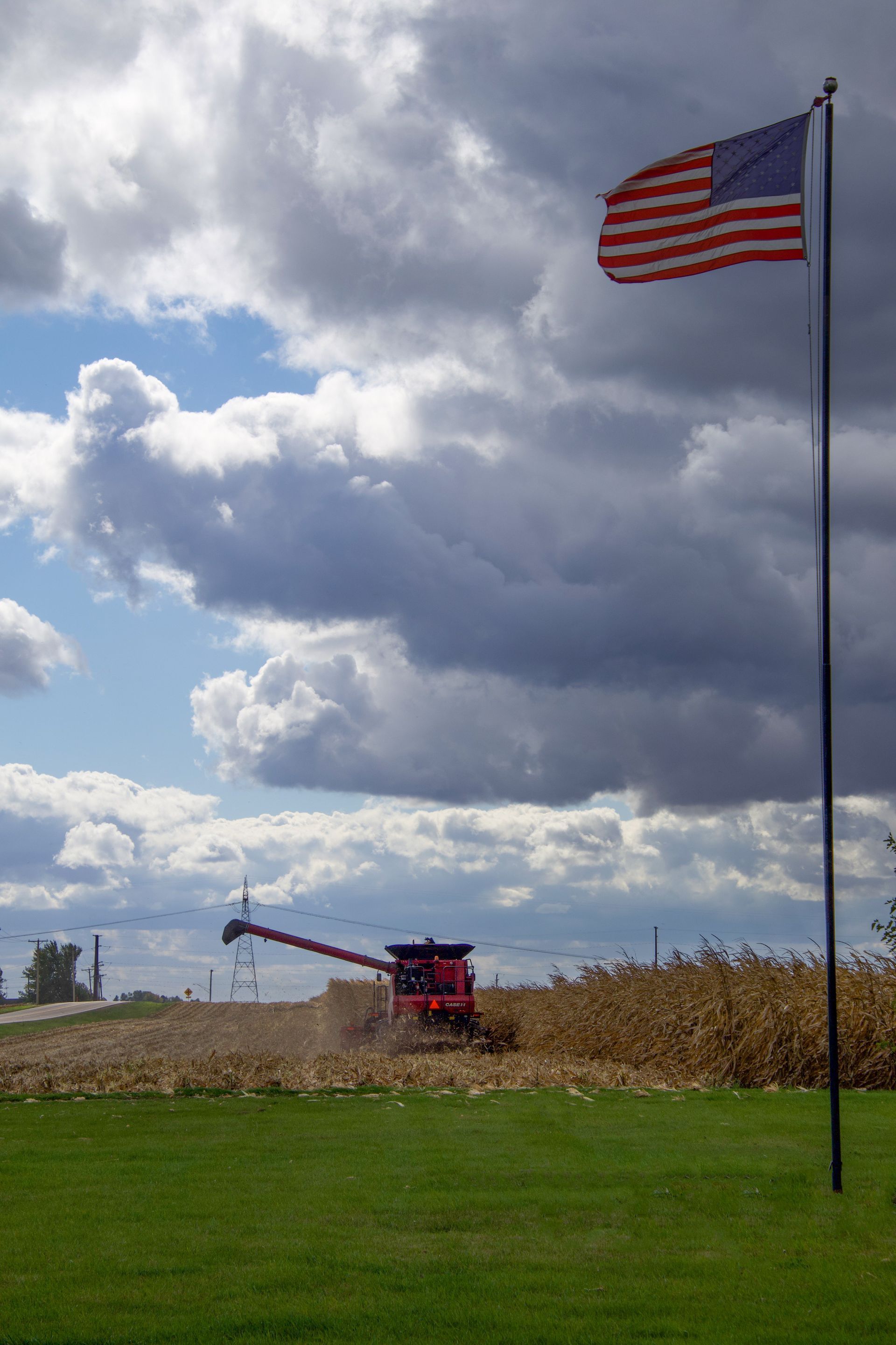 harvest with an american flag in the photo