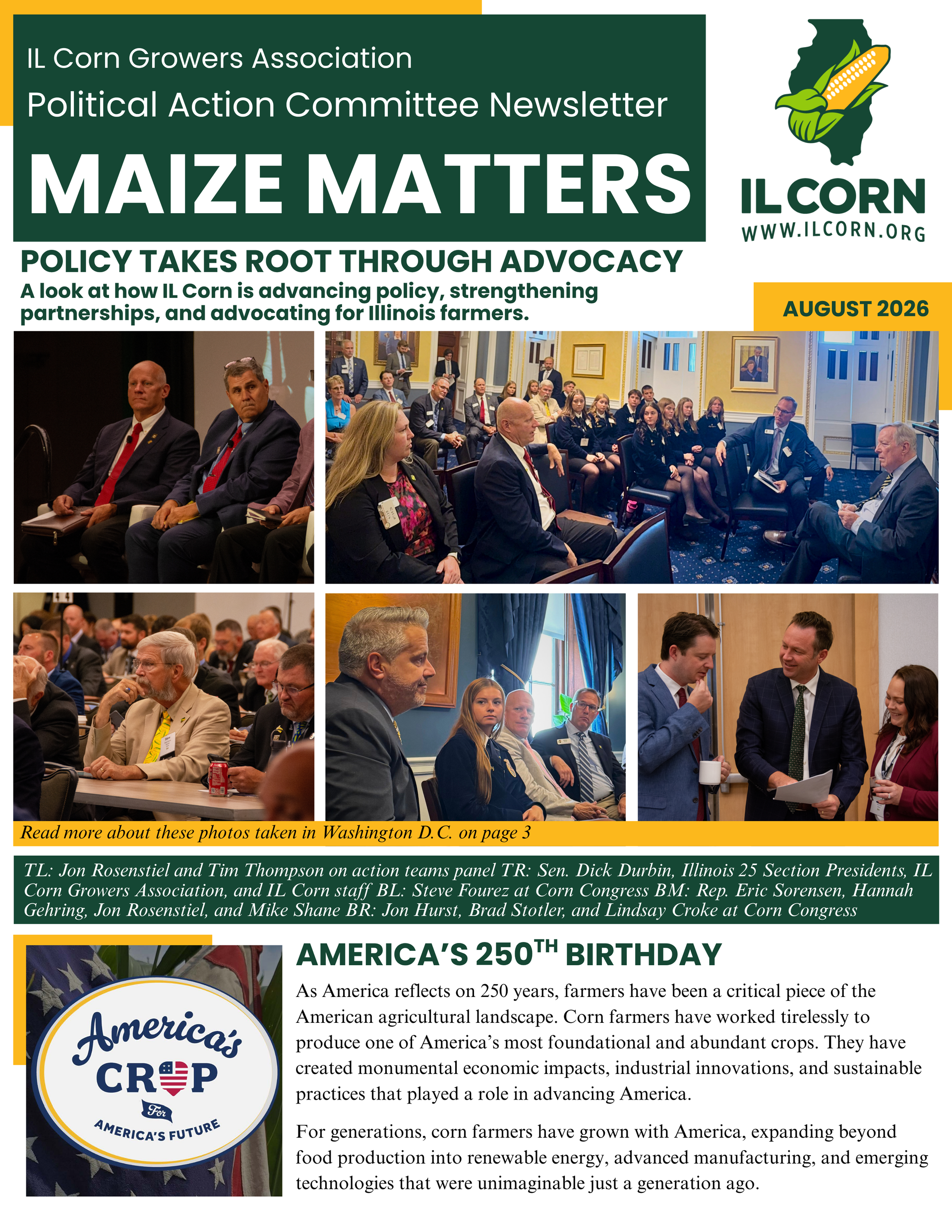 Maize Matters magazine cover with policy forum photos and Illinois Corn logo on green background