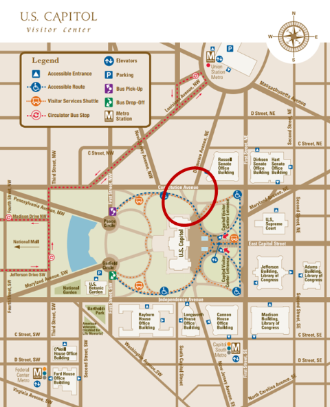 Map of the U.S. Capitol Visitor Center with a red circle marking a location.