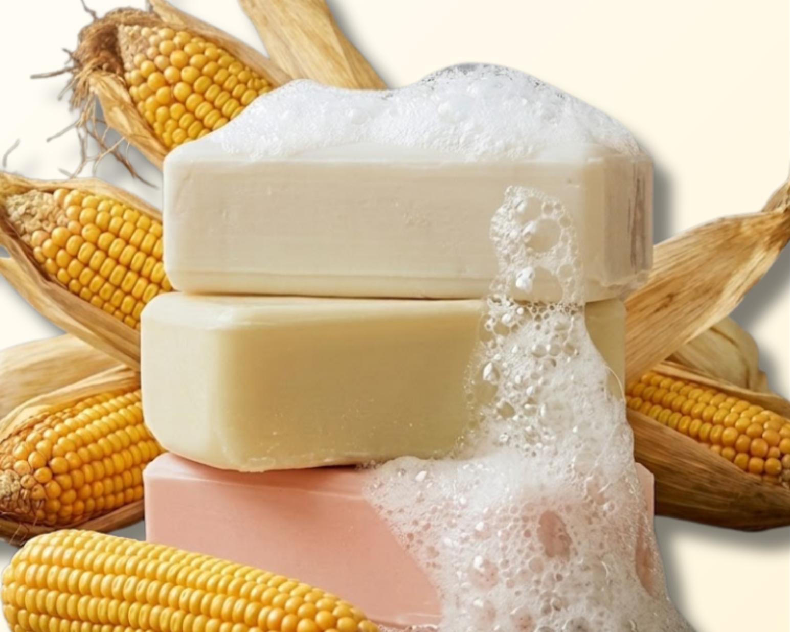 Stacked soap bars with foam over corn cobs on a light background