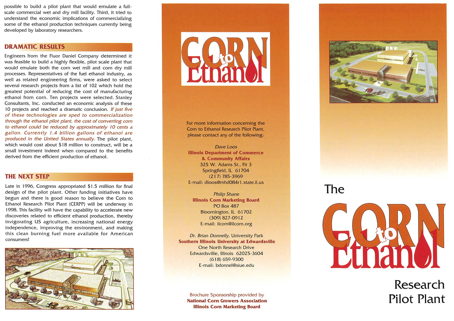 Corn Ethanol research pilot plant brochure cover and interior pages with photos and text