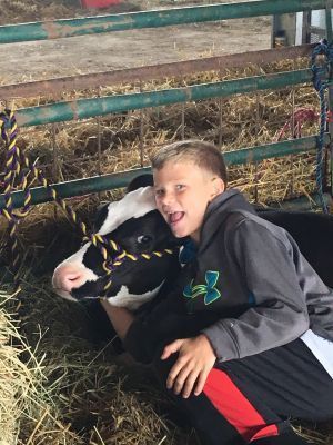 Boy with a cow; he hugs the black and white cow in a pen, boy smiles and has his mouth open.