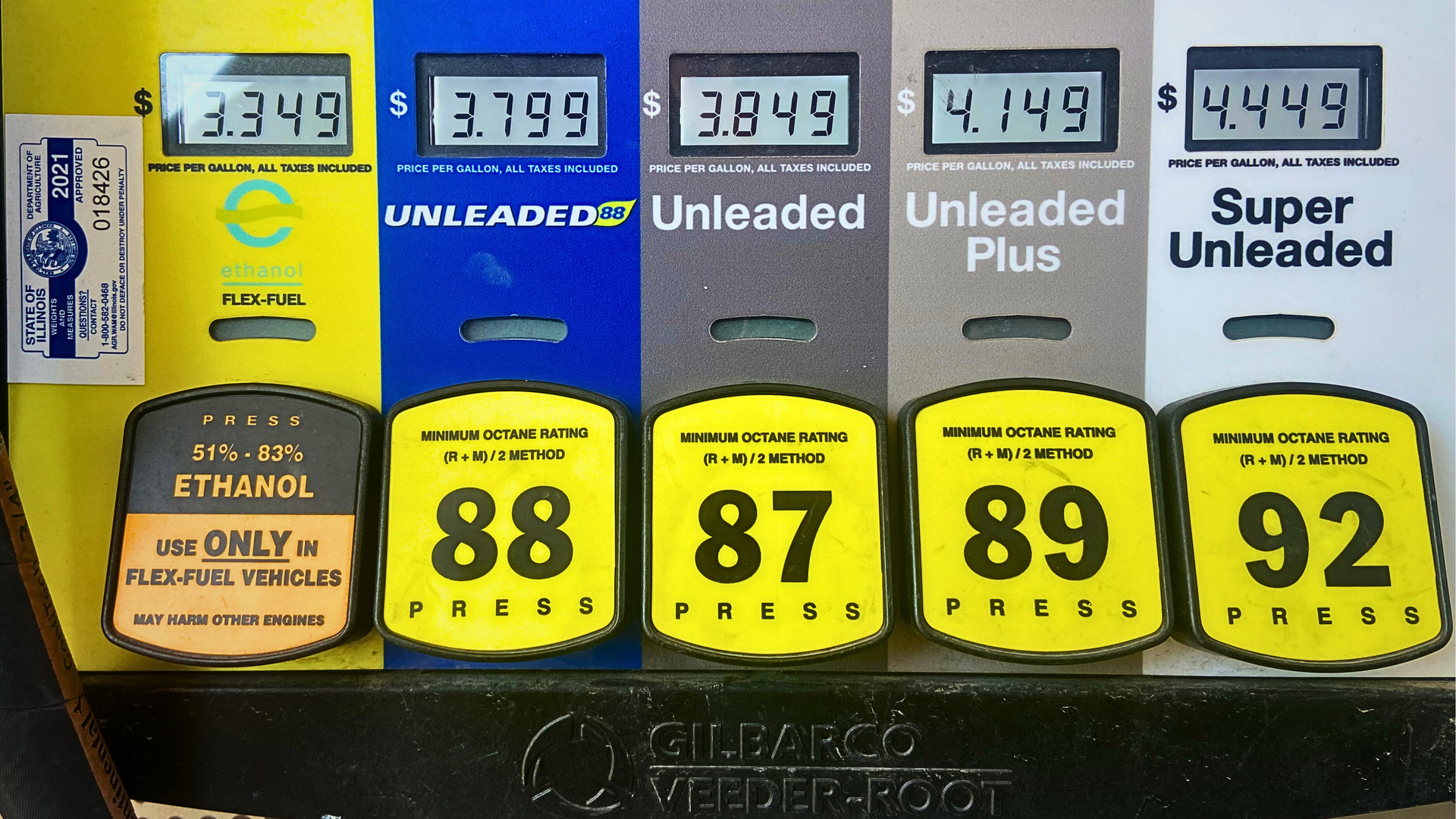Gas station pump display showing unleaded and super unleaded prices on four vintage fuel pumps.