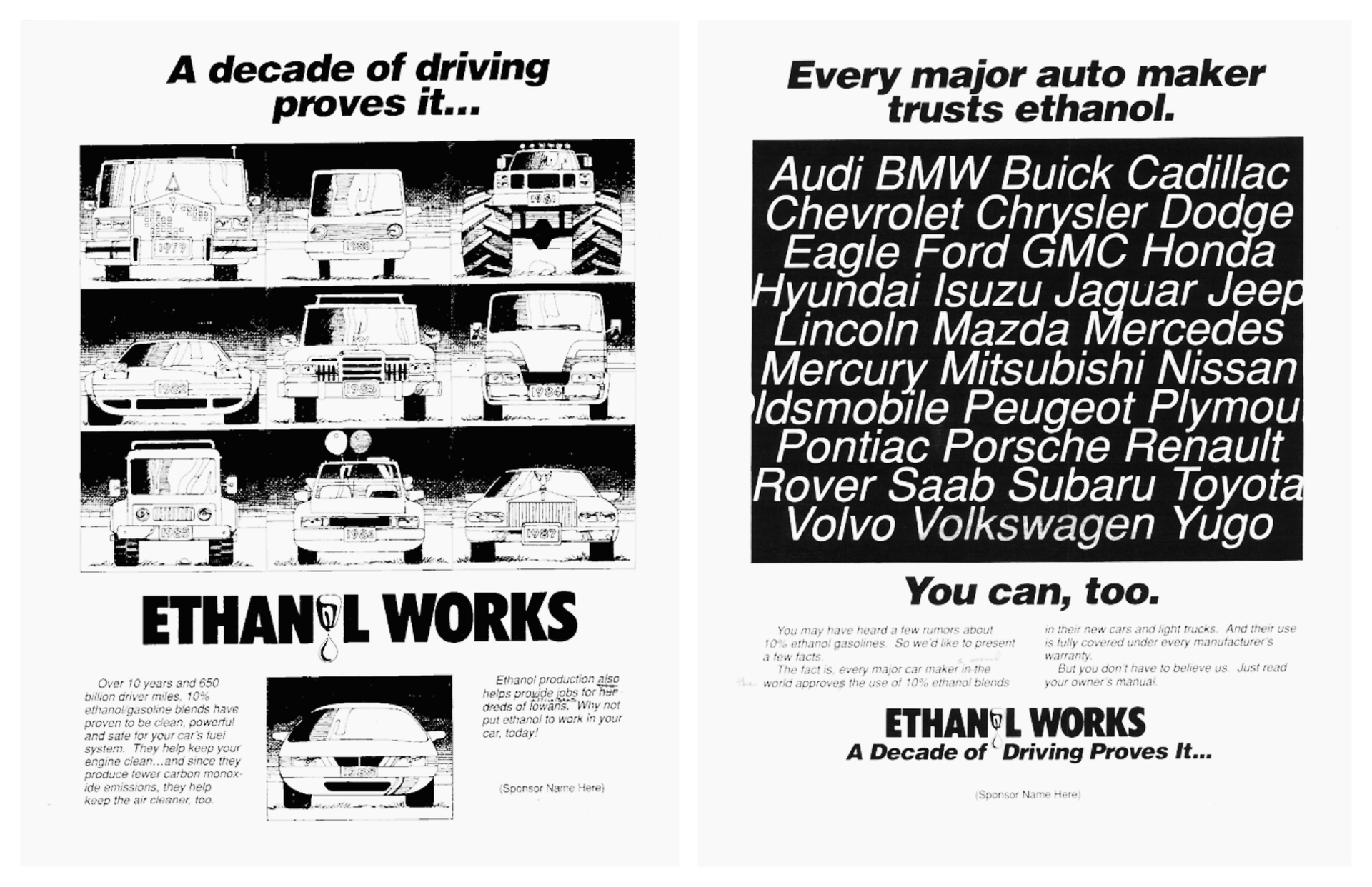 Ethanol Works ad with car trust claims and a list of major auto makers.