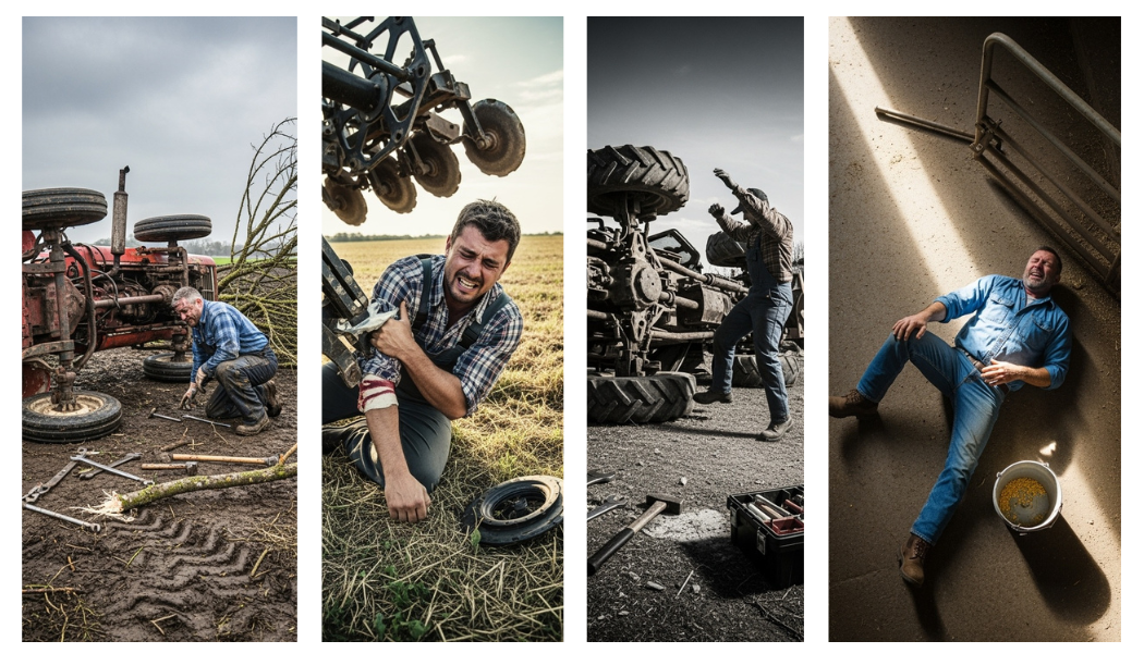 Farmer in a series of accidents with farm equipment: fixing a tire, injured arm, wheel falls, lying down.