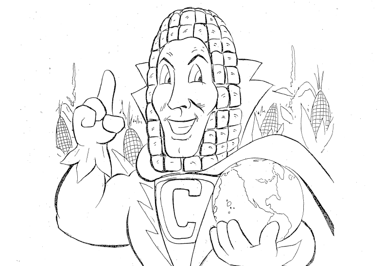 Coloring page captain cornelious corn mascot with globe