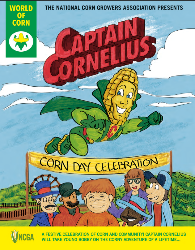 Captain Cornelius comic book flying over a celebration with smiling children below.