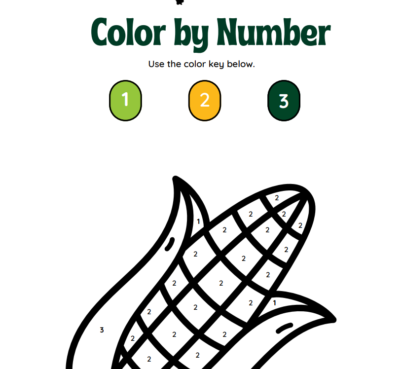Color-by-number worksheet with a corn cob outline and green, yellow, and dark green color key.