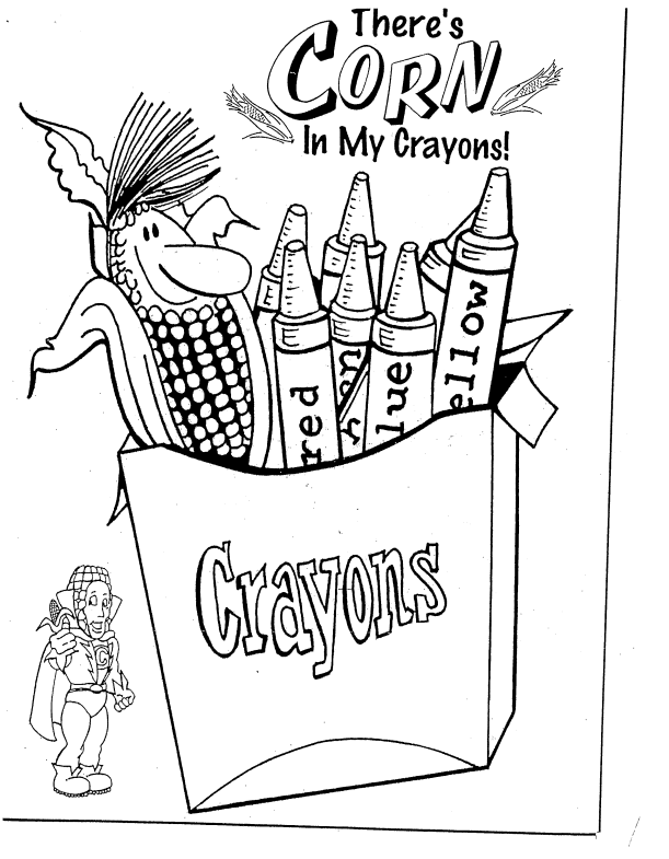Cartoon of a crayon box with smiling crayons and the text “There’s Corn in My Crayons!”