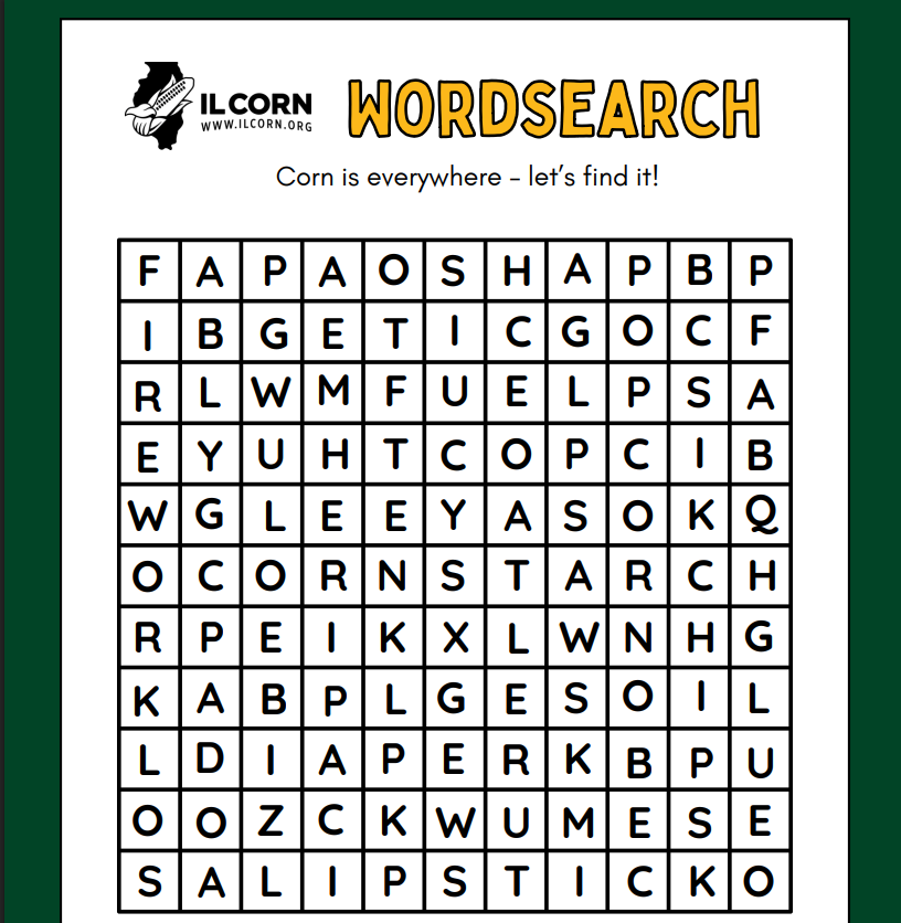 Corn word search puzzle with a 10x10 letter grid on a white and green worksheet.