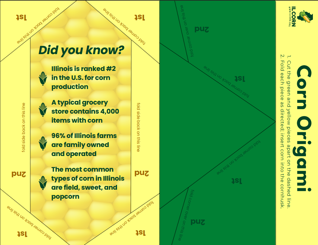 Corn origami folding template with green and yellow panels and step-by-step crease lines