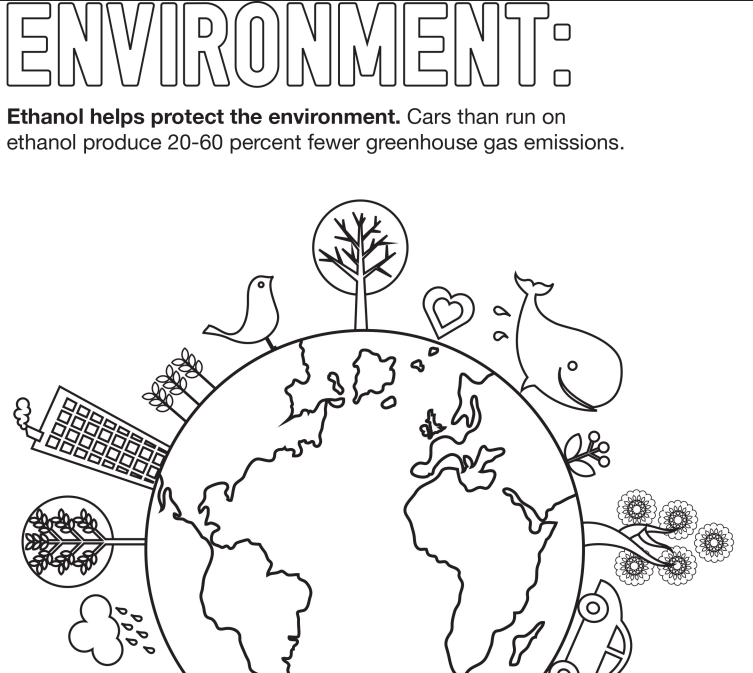 Coloring page: “ENVIRONMENT” with globe, tree, birds, fish, and car; text says ethanol cuts greenhouse gas emissions.