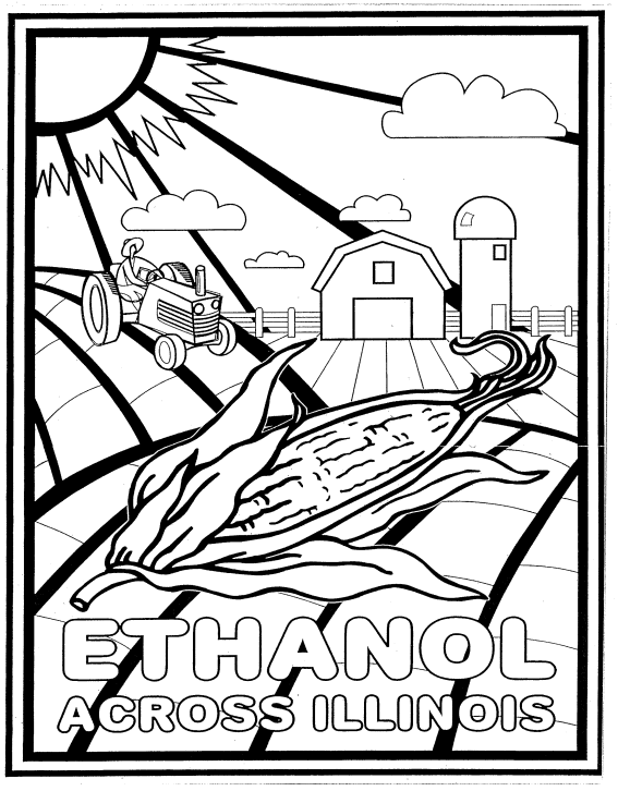 Black-and-white poster of an ethanol farm scene with tractor, barn, silo, corn, and “ETHANOL ACROSS ILLINOIS” text