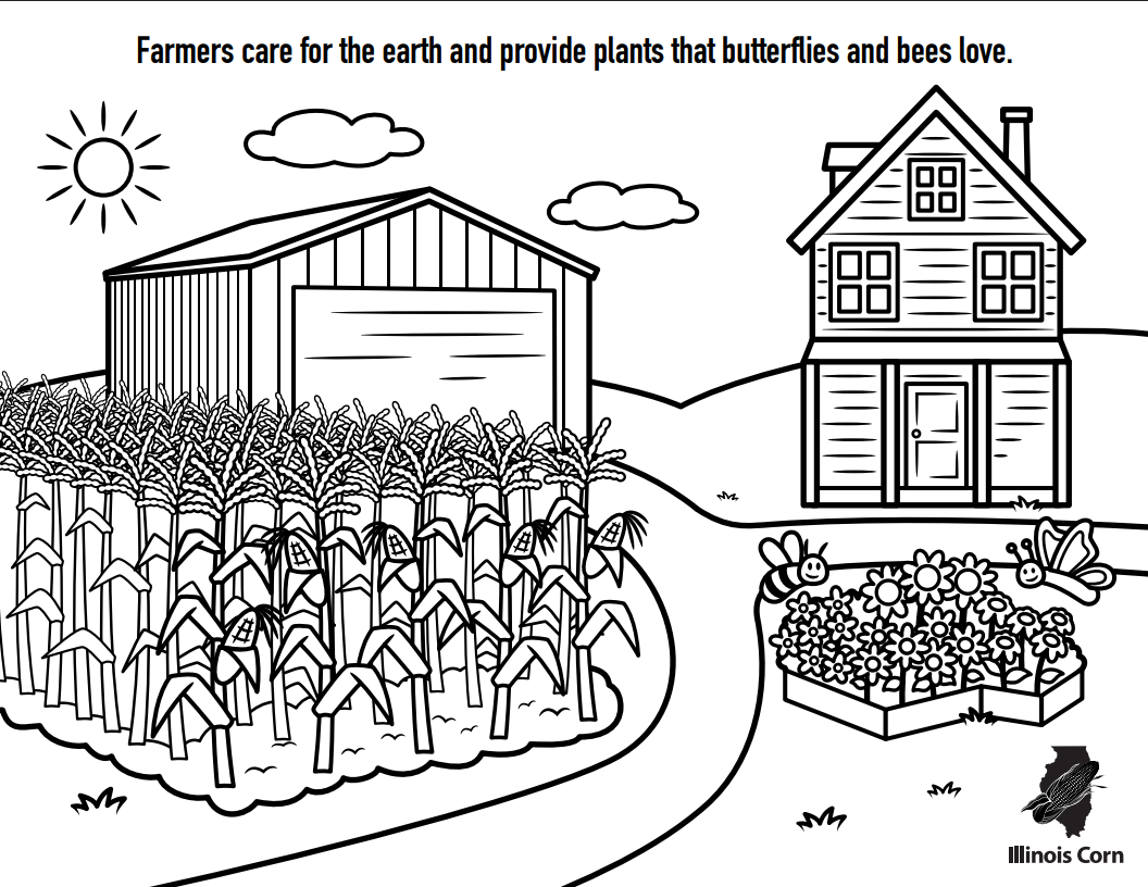 Farm and house beside crops, bees, and butterflies with the caption about caring for Earth.