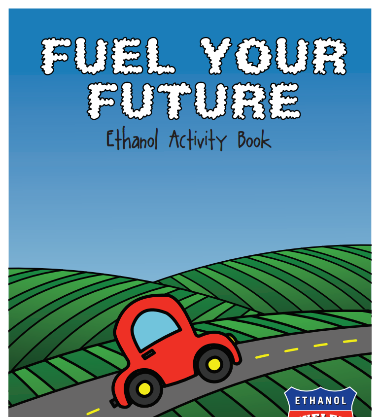 Cover of an “Ethanol Activity Book” with a red car on a curving road through green hills.