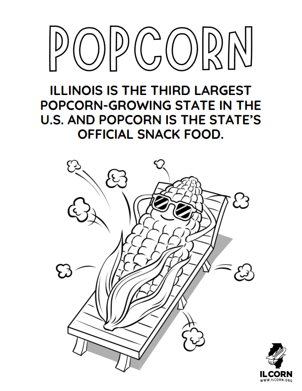 Coloring page Popcorn tanning popping in heat; poster says Illinois grows the third-largest U.S. corn crop.