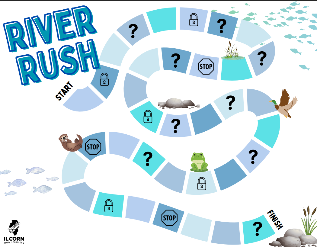 River Rush board game with a winding blue-and-white path, icons, and start/stop markers on a white background