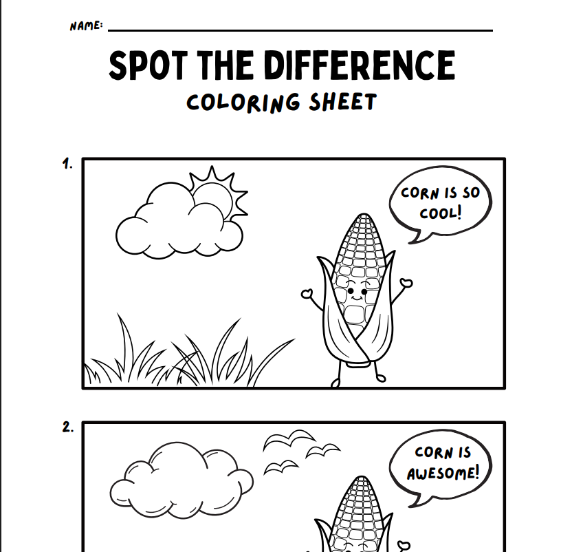 Corn-themed spot-the-difference coloring sheet with a cartoon corn saying “Corn is so cool!”