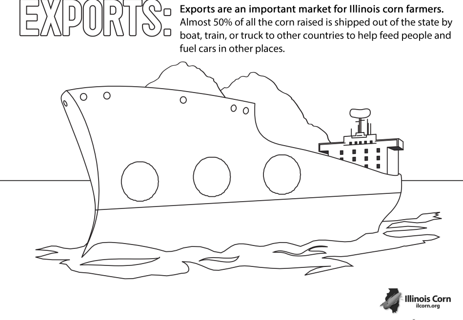 Black-and-white drawing of a cargo ship sailing beside text about exports from Illinois farms.