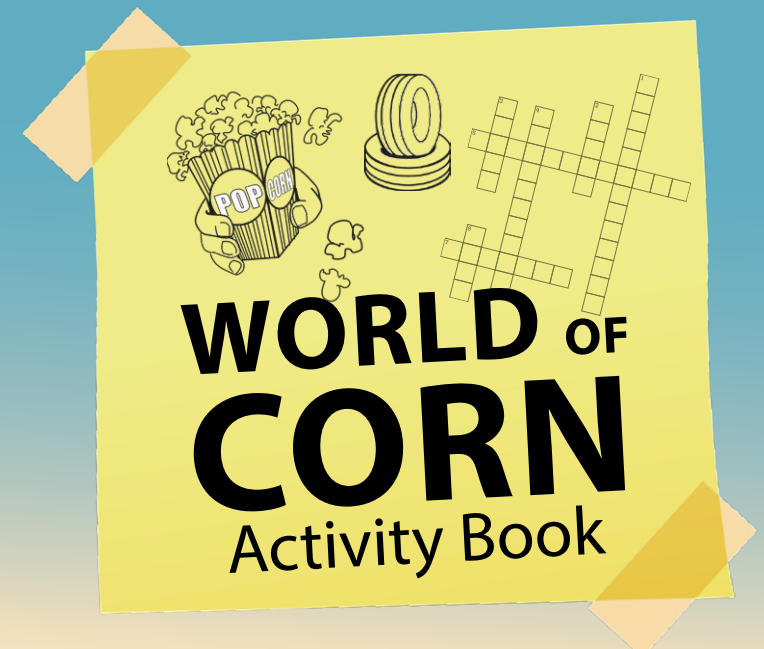 Yellow cover titled “World of Corn Activity Book” with corn illustrations and a crossword-style puzzle design