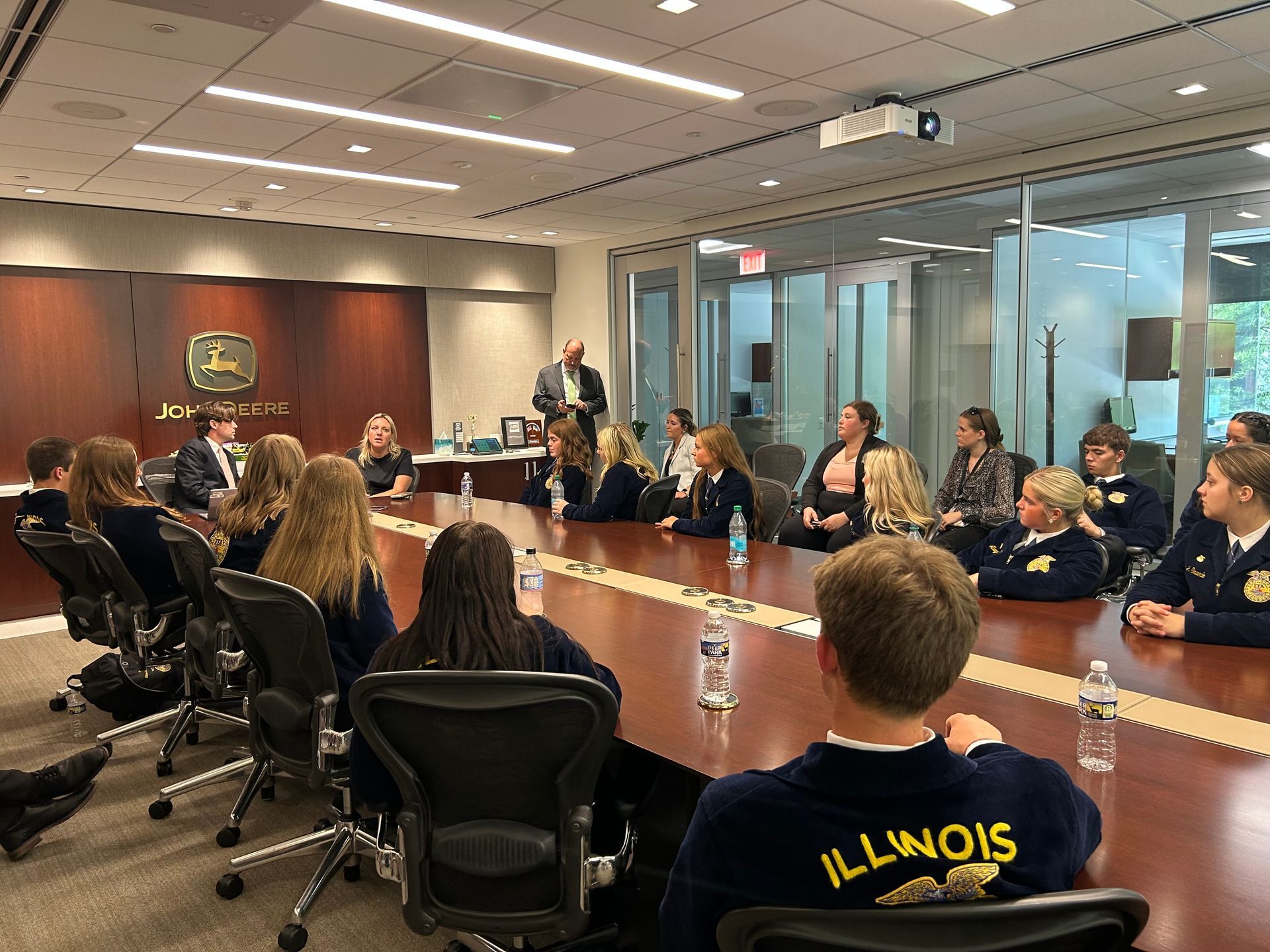Illinois FFA Section Presidents meeting with John Deere's government relations, Ashley Antoskiewicz and Michael England