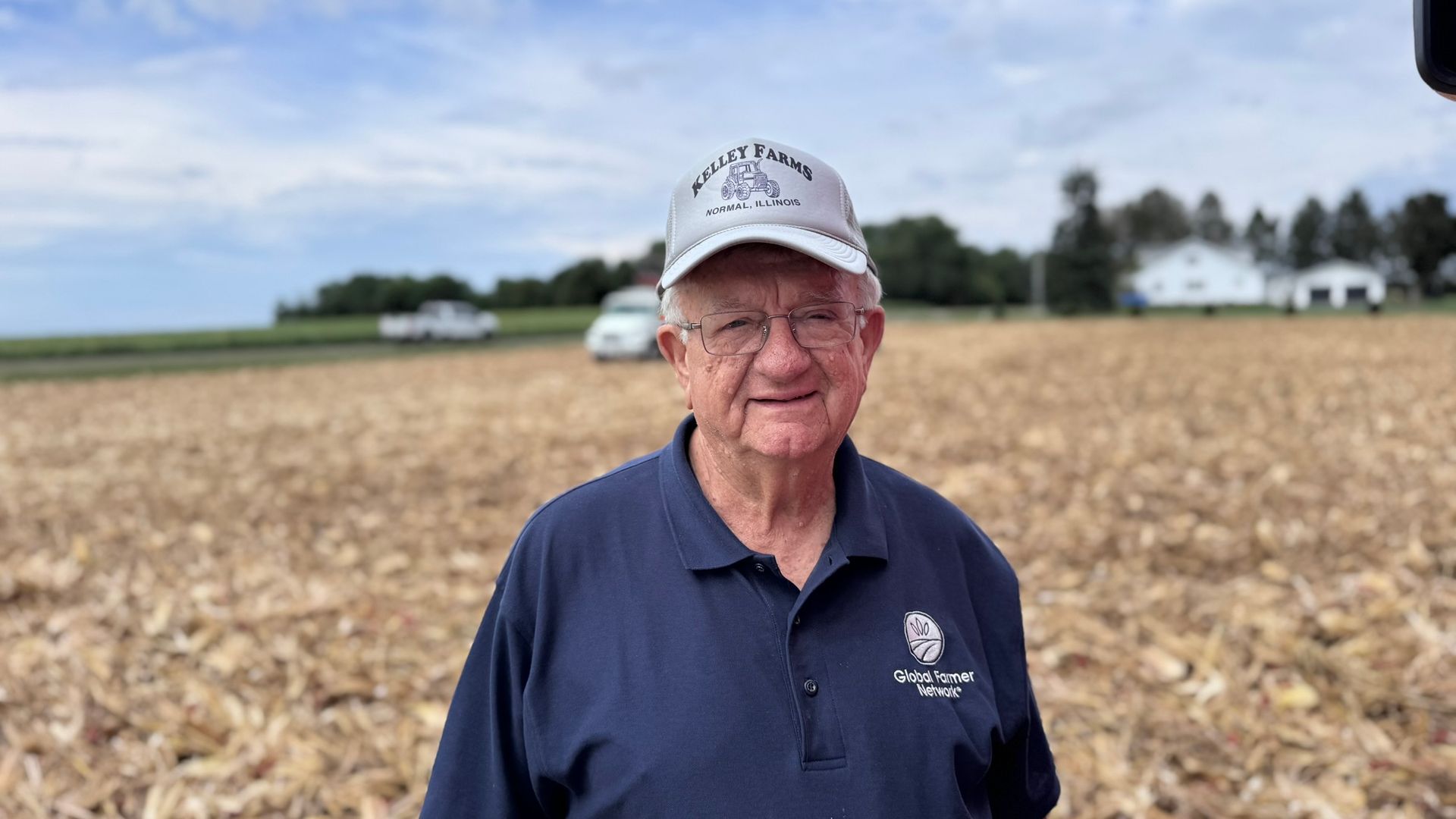 Dan Kelley during harvest sporting his Global Farmer Network shirt