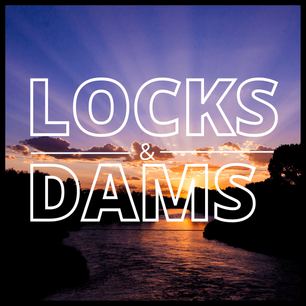 A logo for locks and dams with a river in the background