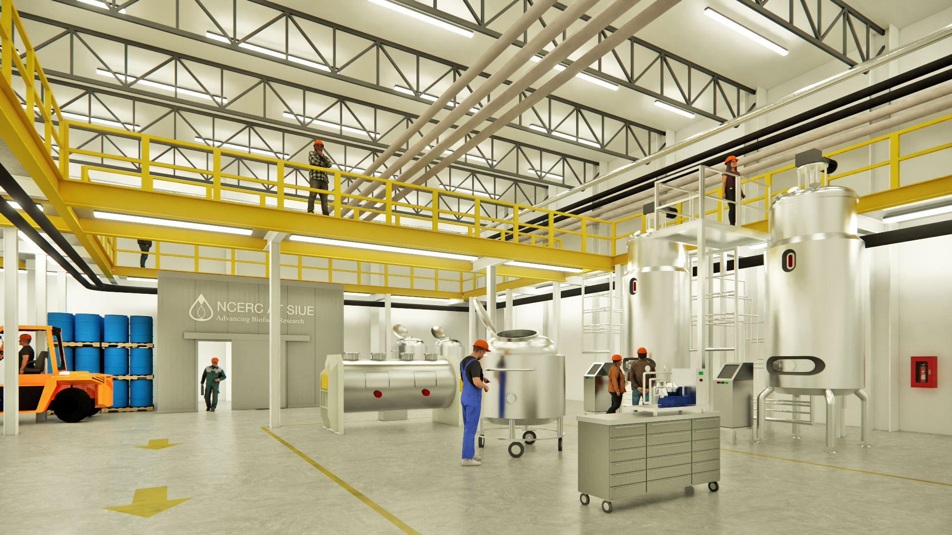 Workers operate machinery and move equipment in a bright, industrial warehouse with a yellow catwalk overhead.
