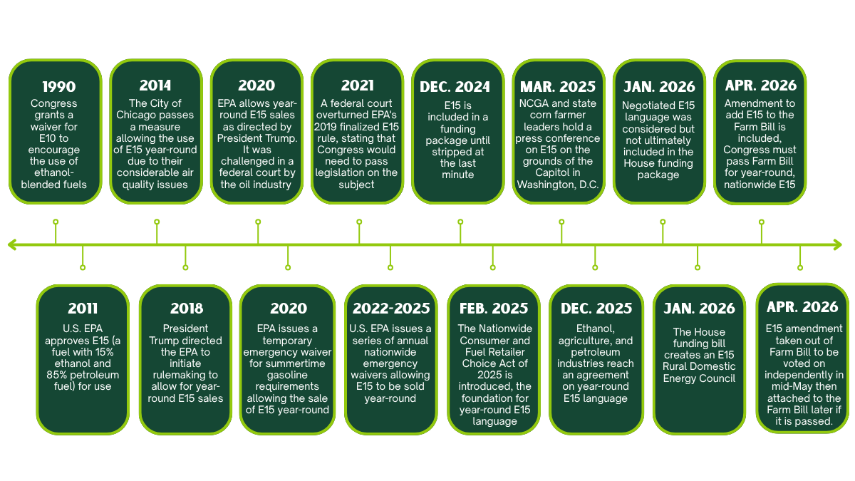 Green timeline infographic with dated milestones from 1979 to 2026, connected by a yellow line.