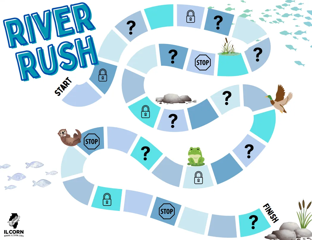 RIVER RUSH board game path with blue tiles, question marks, icons, and a riverbank setting