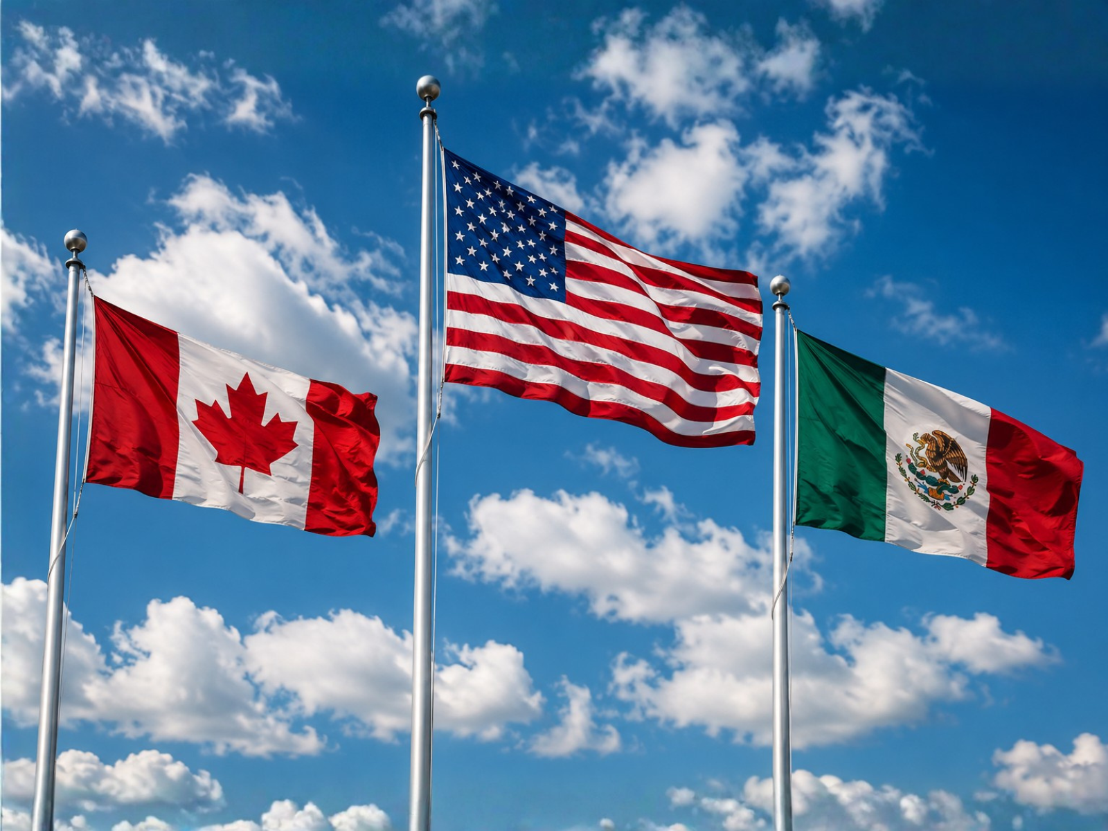 Flags of Canada, the United States, and Mexico waving against a blue sky