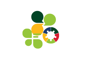 A logo with speech bubbles and a virus in the middle