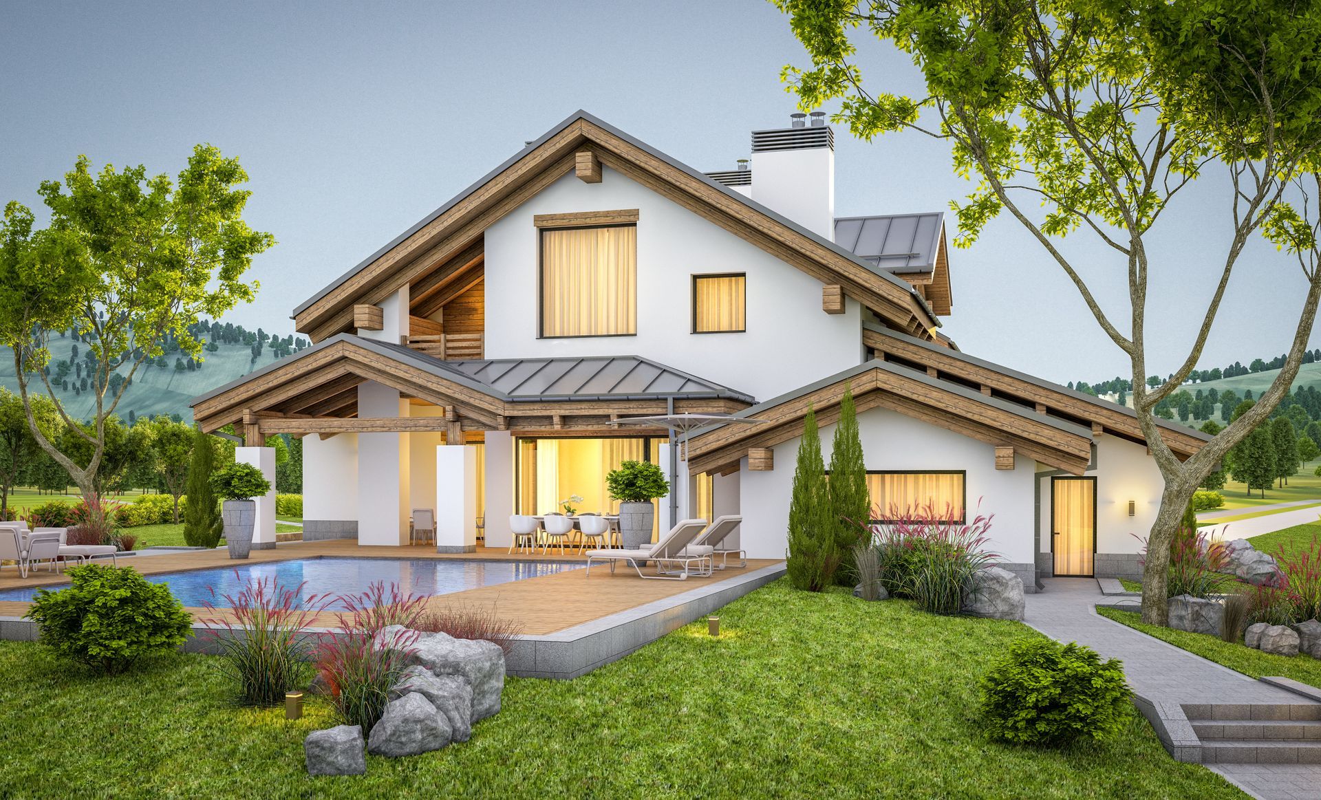 Modern two-story house with white siding, warm lights, and a landscaped front yard at dusk