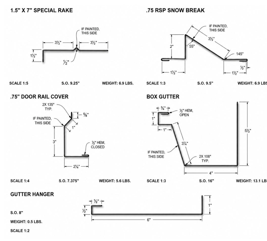 Technical drawing of gutter and roof rake trim profiles with labeled dimensions and angles