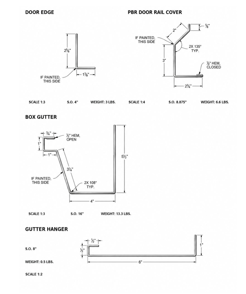 Technical drawing showing gutter and downspout section profiles with dimensions.