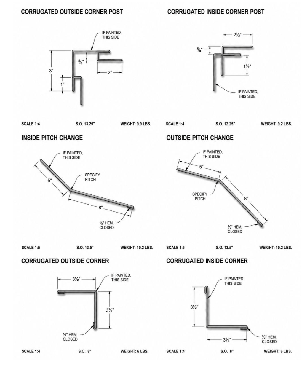 Technical diagram of six wire tie post profiles with labeled dimensions and angles