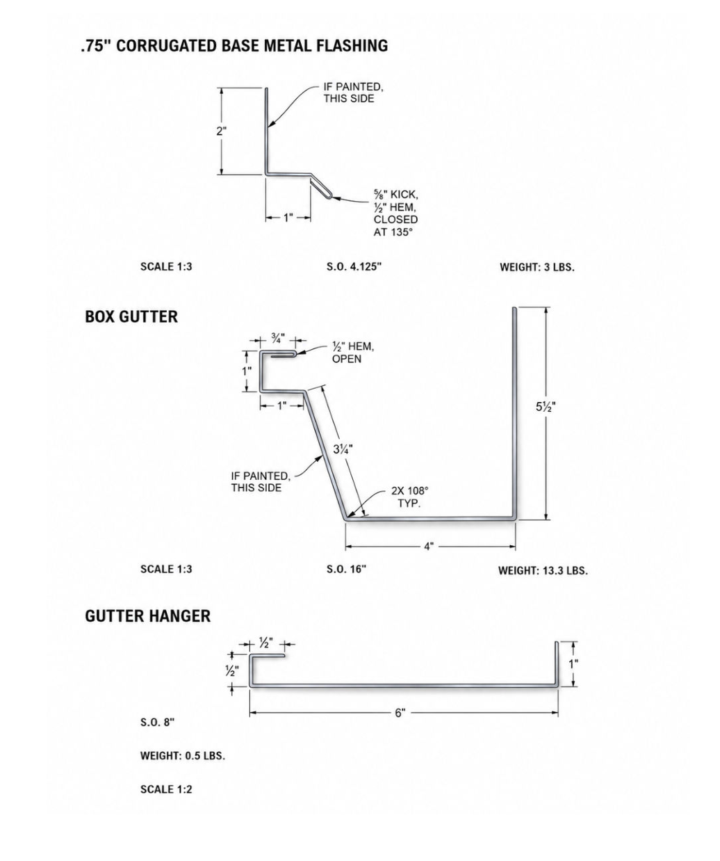 Technical drawing of 7-inch corrugated base metal flashing with side and gutter hanger dimensions.