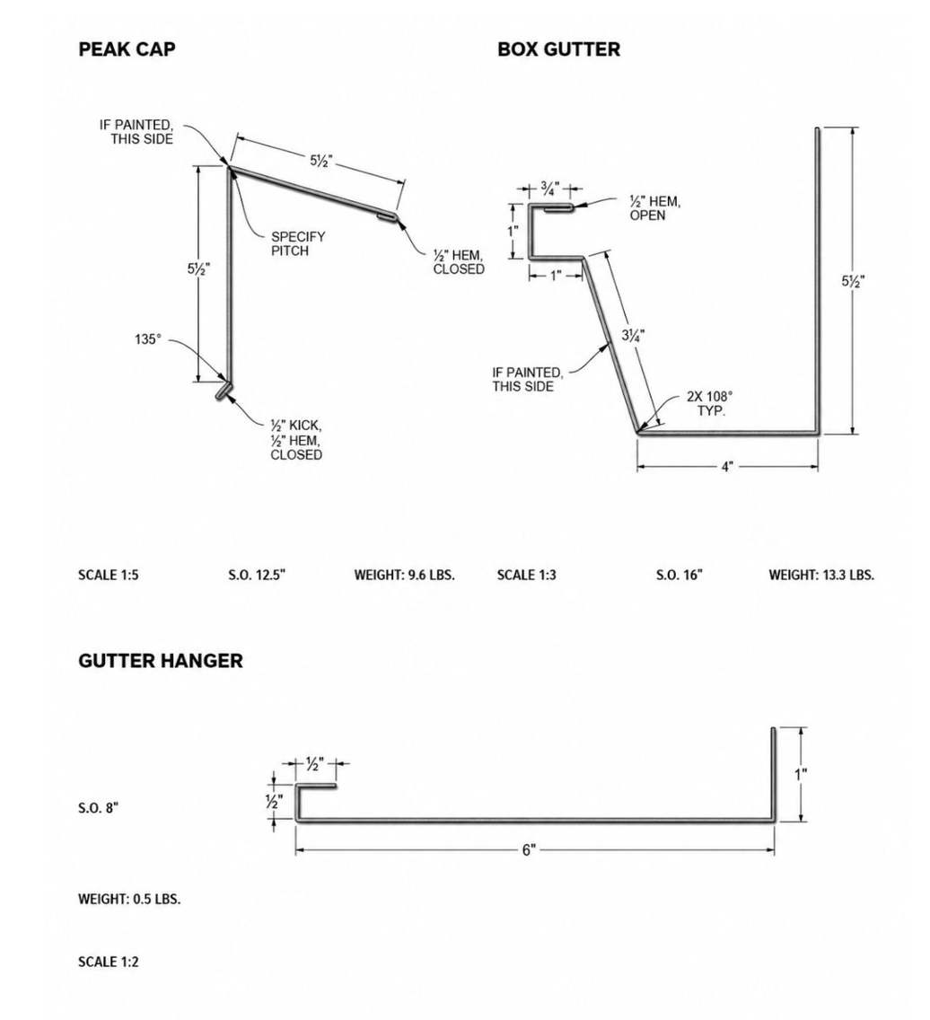 Technical drawing of metal roof trim parts labeled peak cap, box gutter, and gutter hanger with measurements