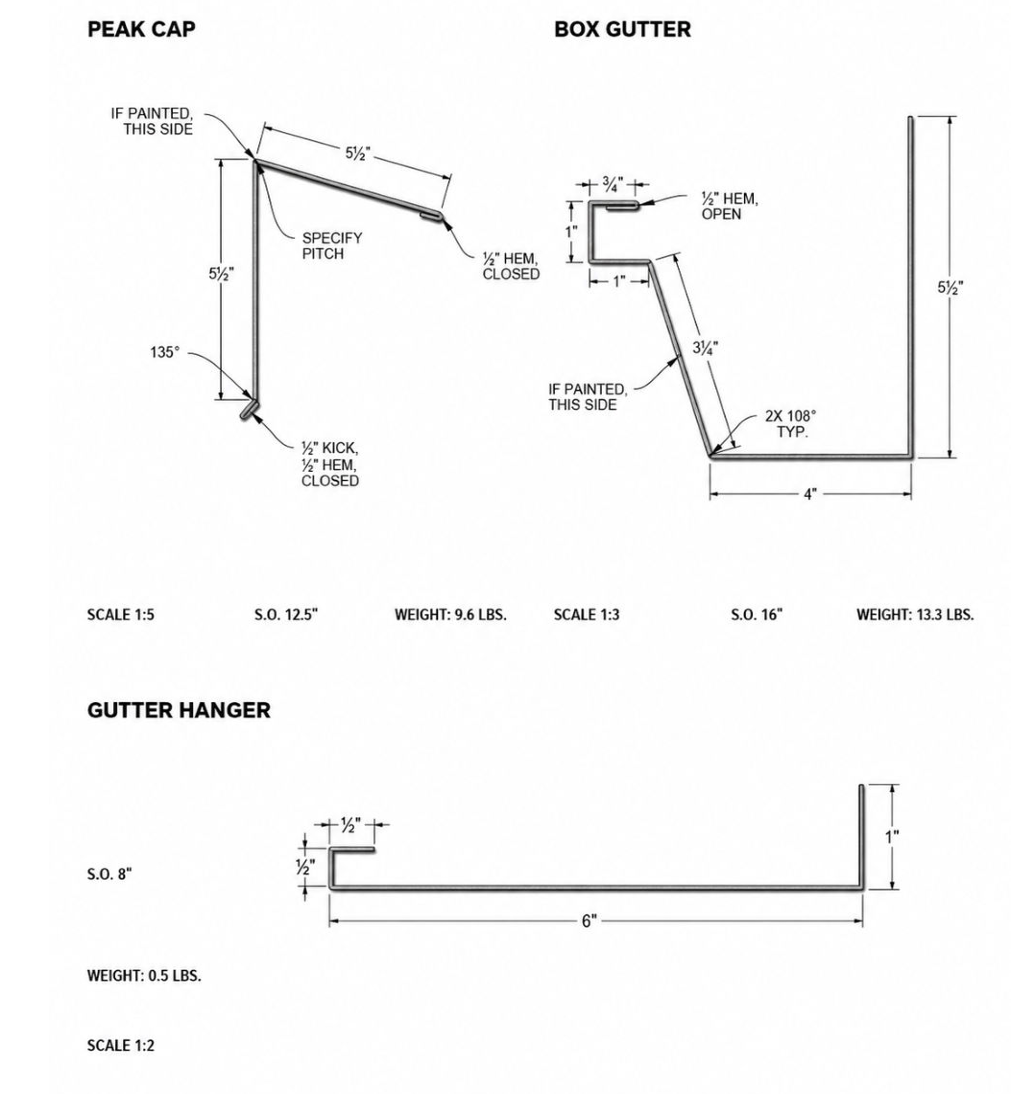 Technical drawing of peak cap, box gutter, and gutter hanger with measurements