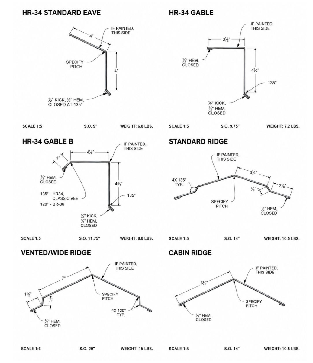 Diagram of six roof framing types with labeled angles and dimensions: gable, hip, and ridge variations