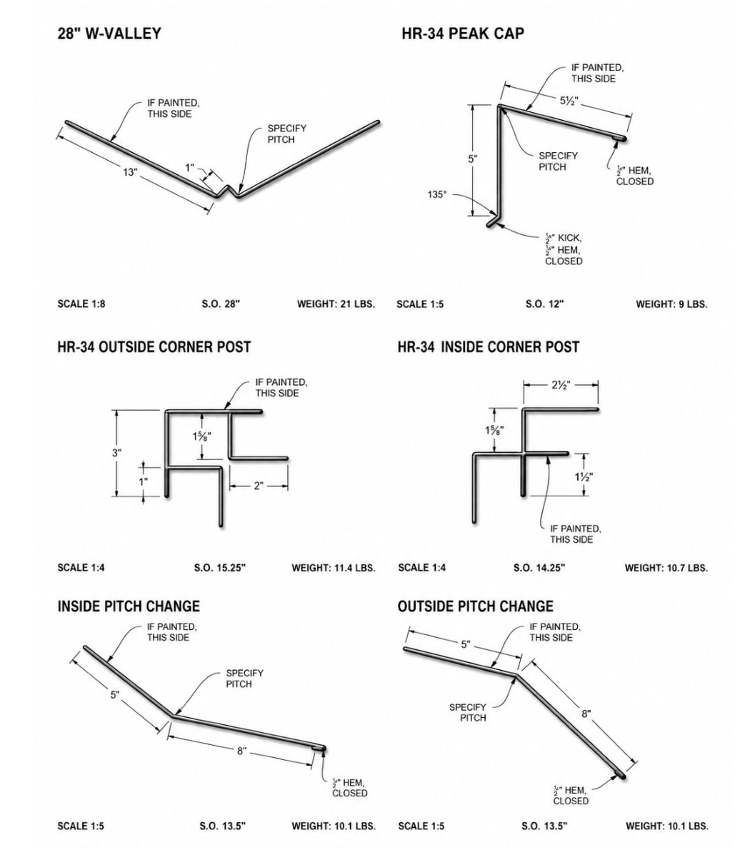 Technical drawing of roof and eave construction details with labeled cross-sections and dimensions