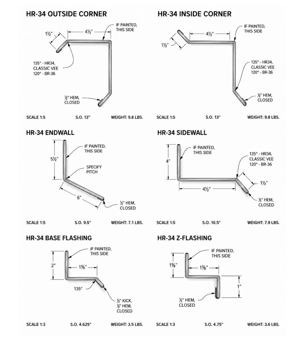 Technical diagram of drywall corner, endwall, base flashing, and Z-flashing details with labeled dimensions