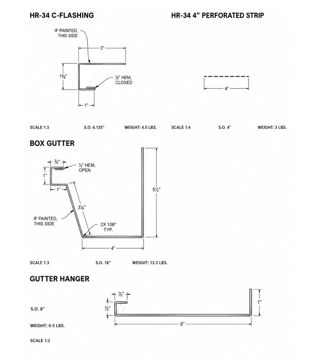 Technical drawing of roof gutter flashing, perforated strip, box gutter, and gutter hanger details
