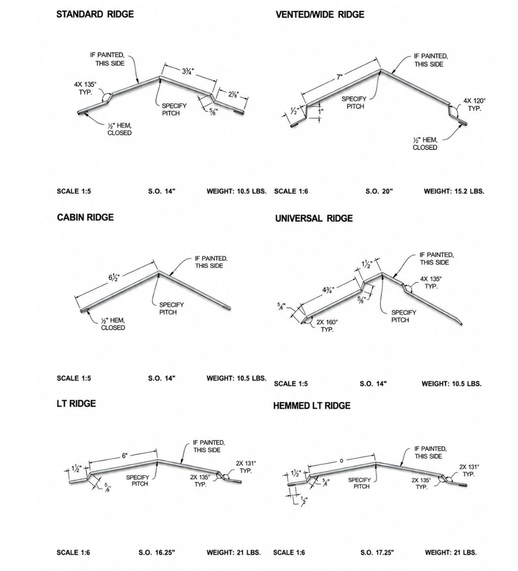 Black-and-white technical diagram showing standard ridge, unidirectional ridge, and related roof layouts with measurements