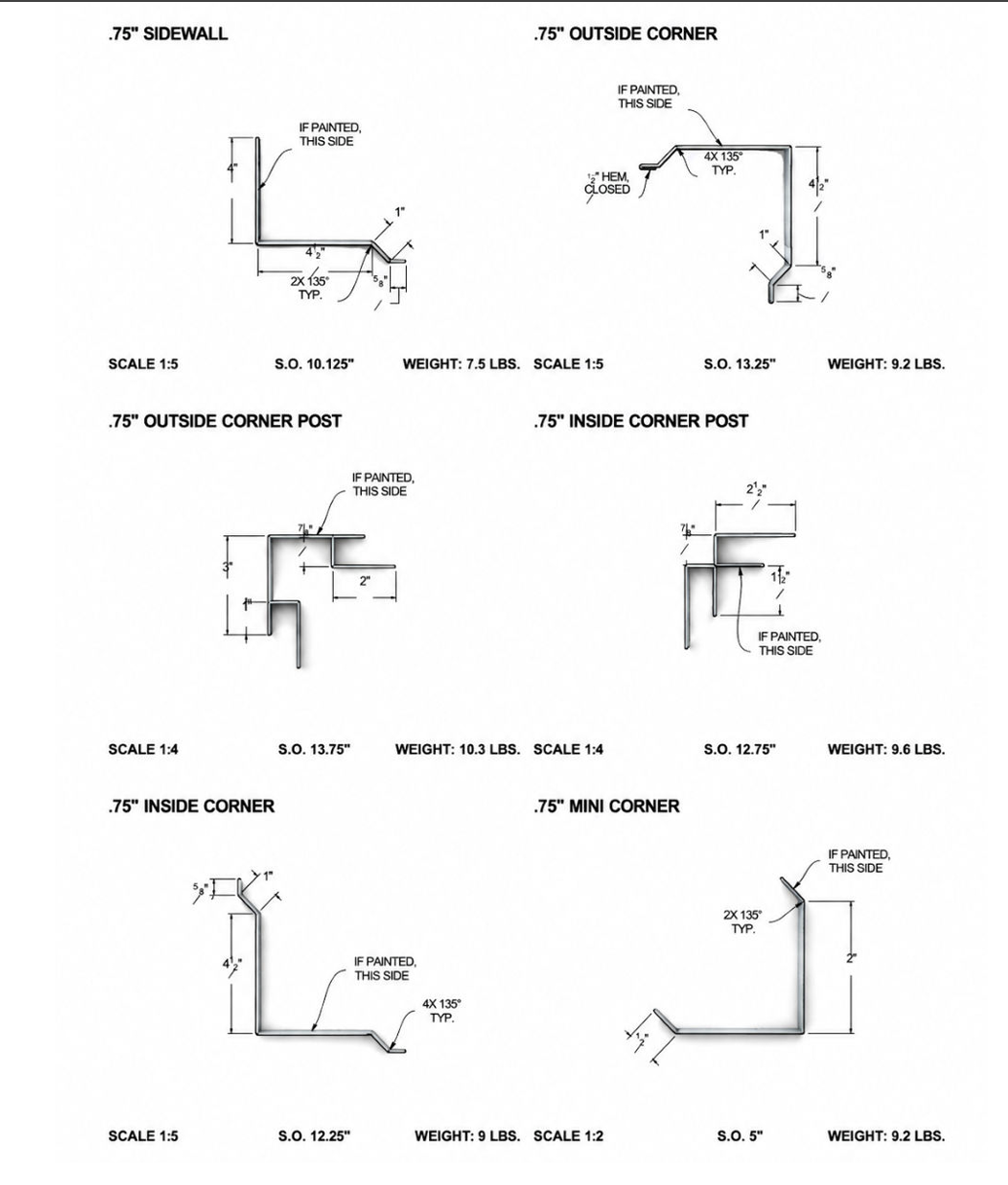 Technical drawing sheet with multiple small architectural corner detail diagrams and labels.