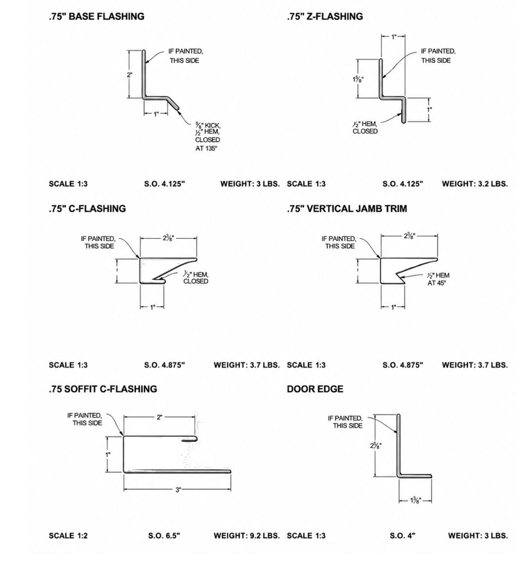 Technical diagram sheet showing multiple window flashing and sill detail drawings with dimension notes.